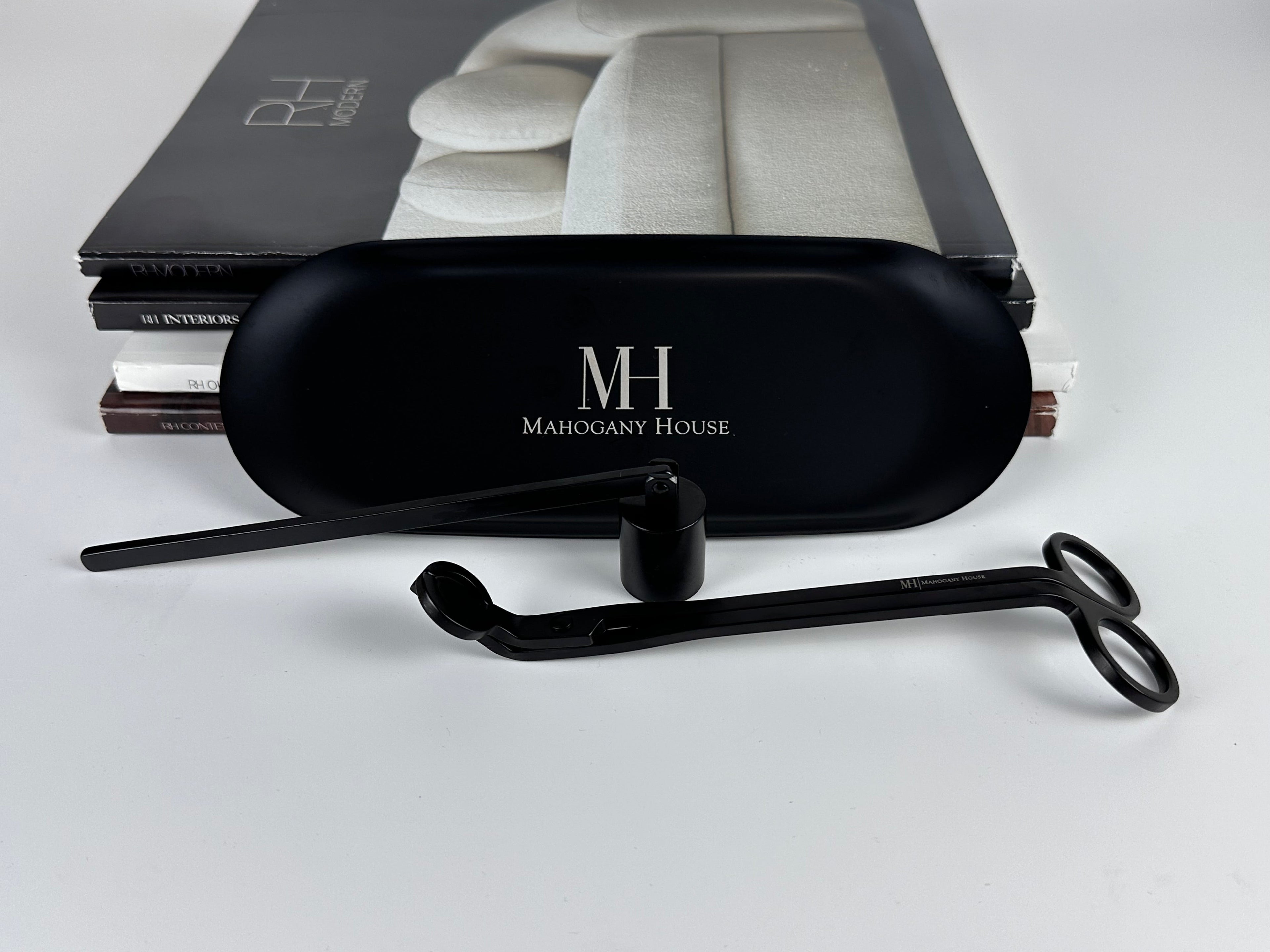 Matte black candle snuffer, wick trimmer, and holder plate set