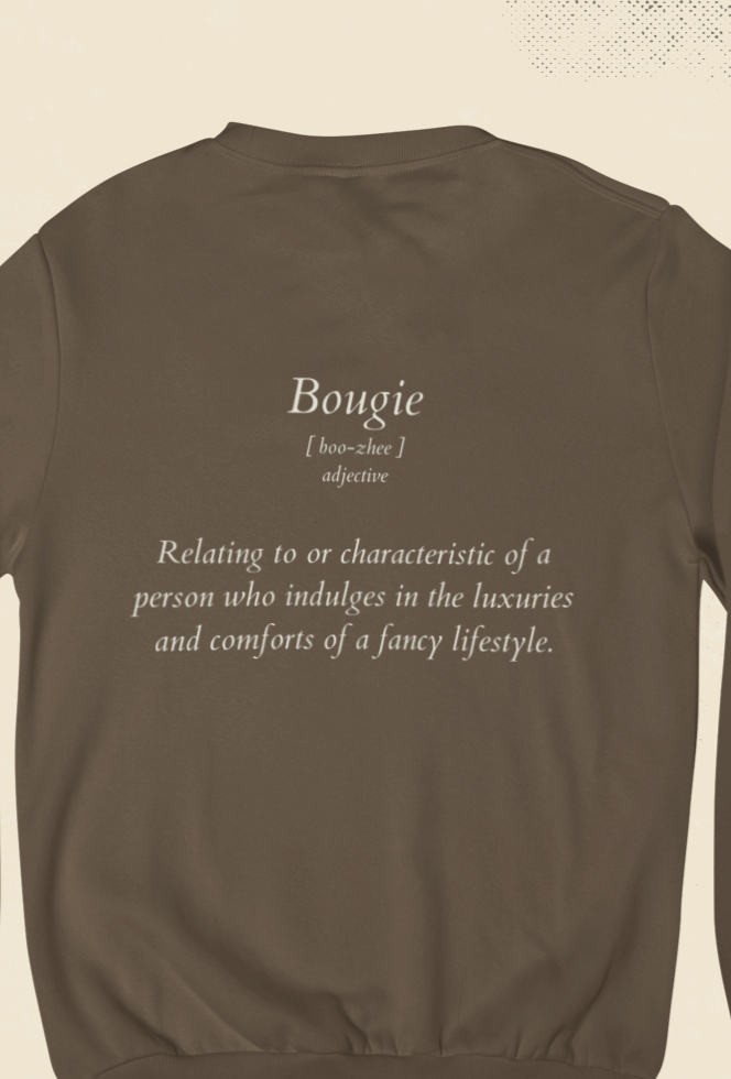 Back view of brown Bougie crewneck featuring brand quote in minimalist white text.