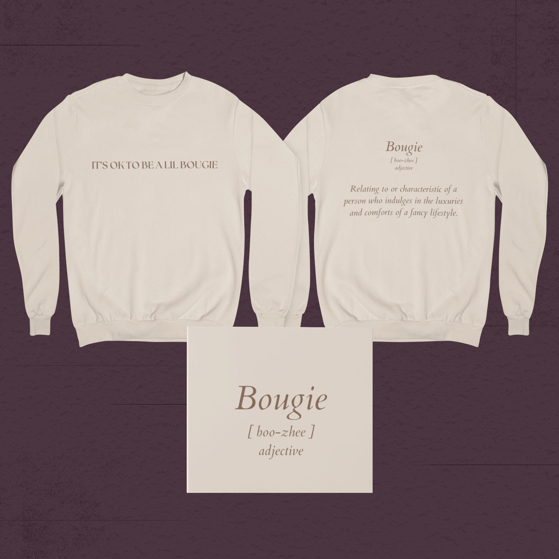 Flatlay of cream Bougie crewneck sweatshirt showing both front and back views with product card.