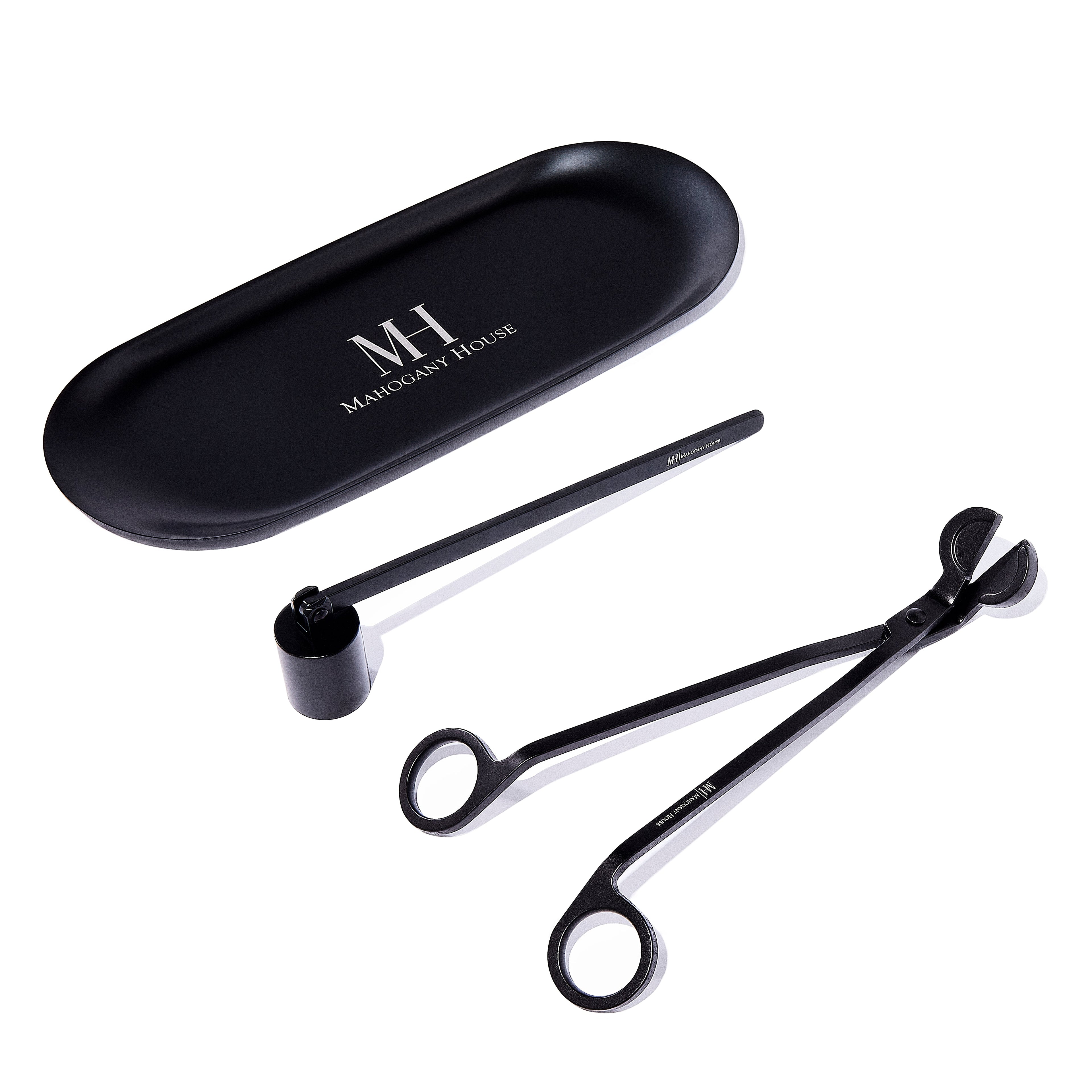 Matte black candle snuffer, wick trimmer, and holder plate set
