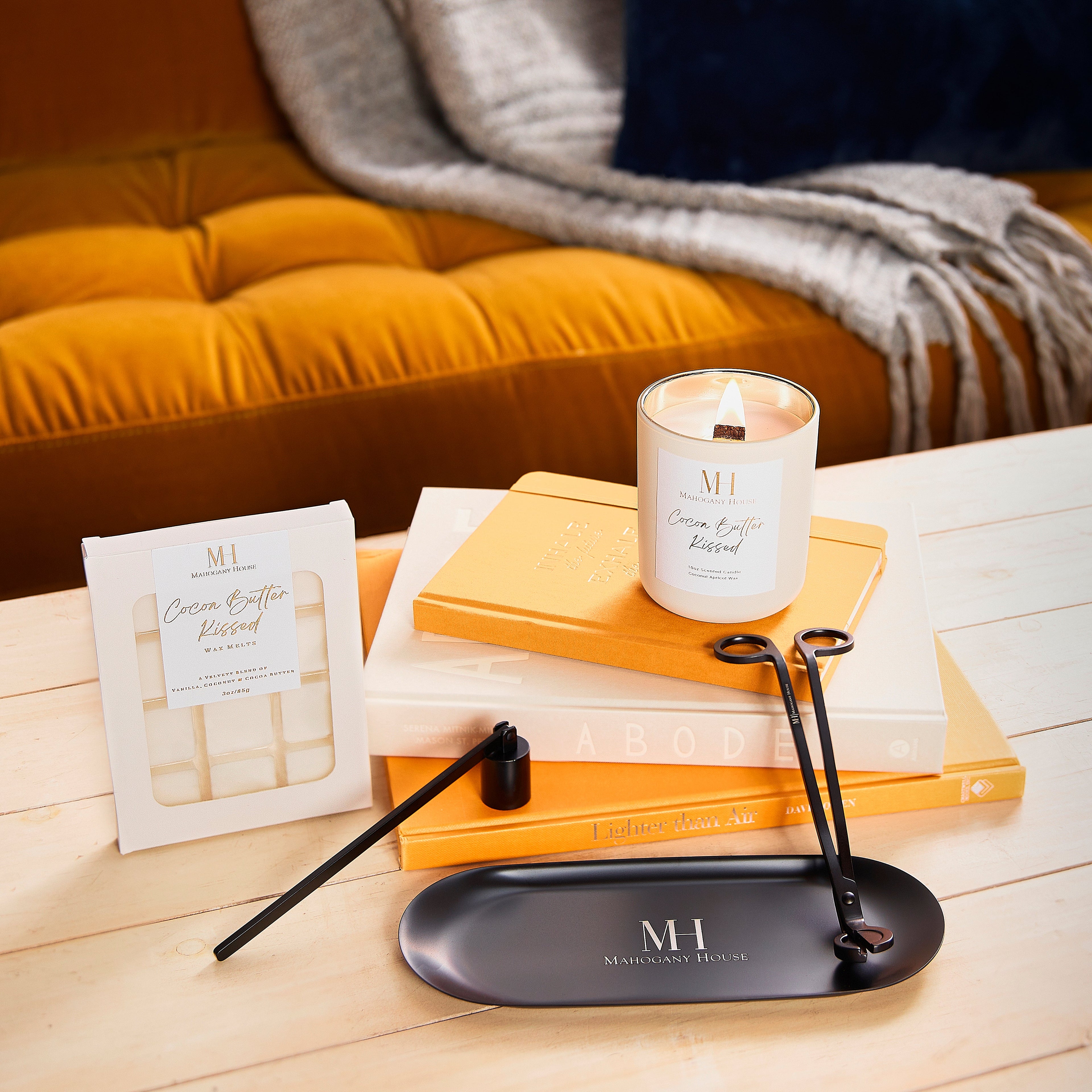 Matte black candle snuffer, wick trimmer, and holder plate set