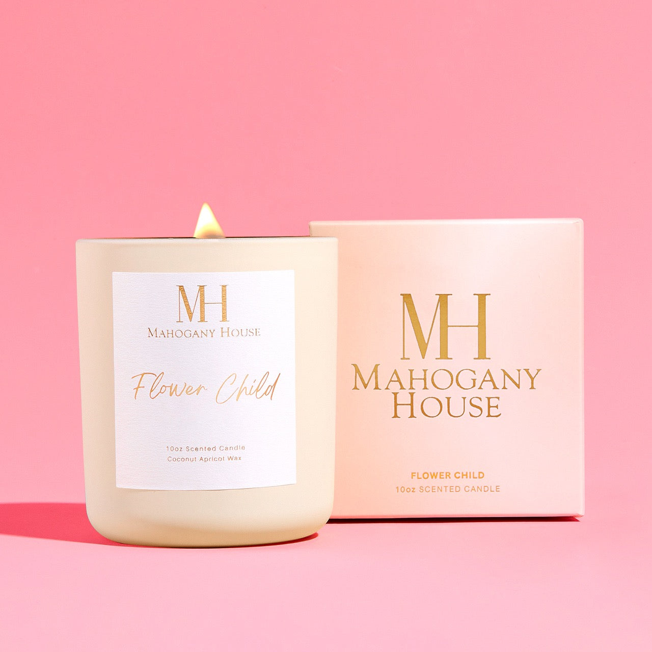 Flower Child votive candle in white glass vessel with Mahogany House packaging.