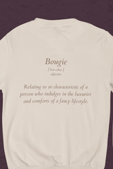 Photo of the back of cream Bougie crewneck sweatshirt displaying full text placement.