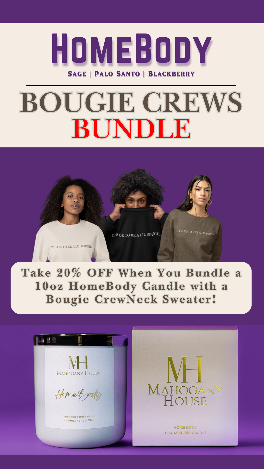 HomeBody Bougie Crew Bundle  – Luxury Fall Candle + Comfy Crewneck Sweater