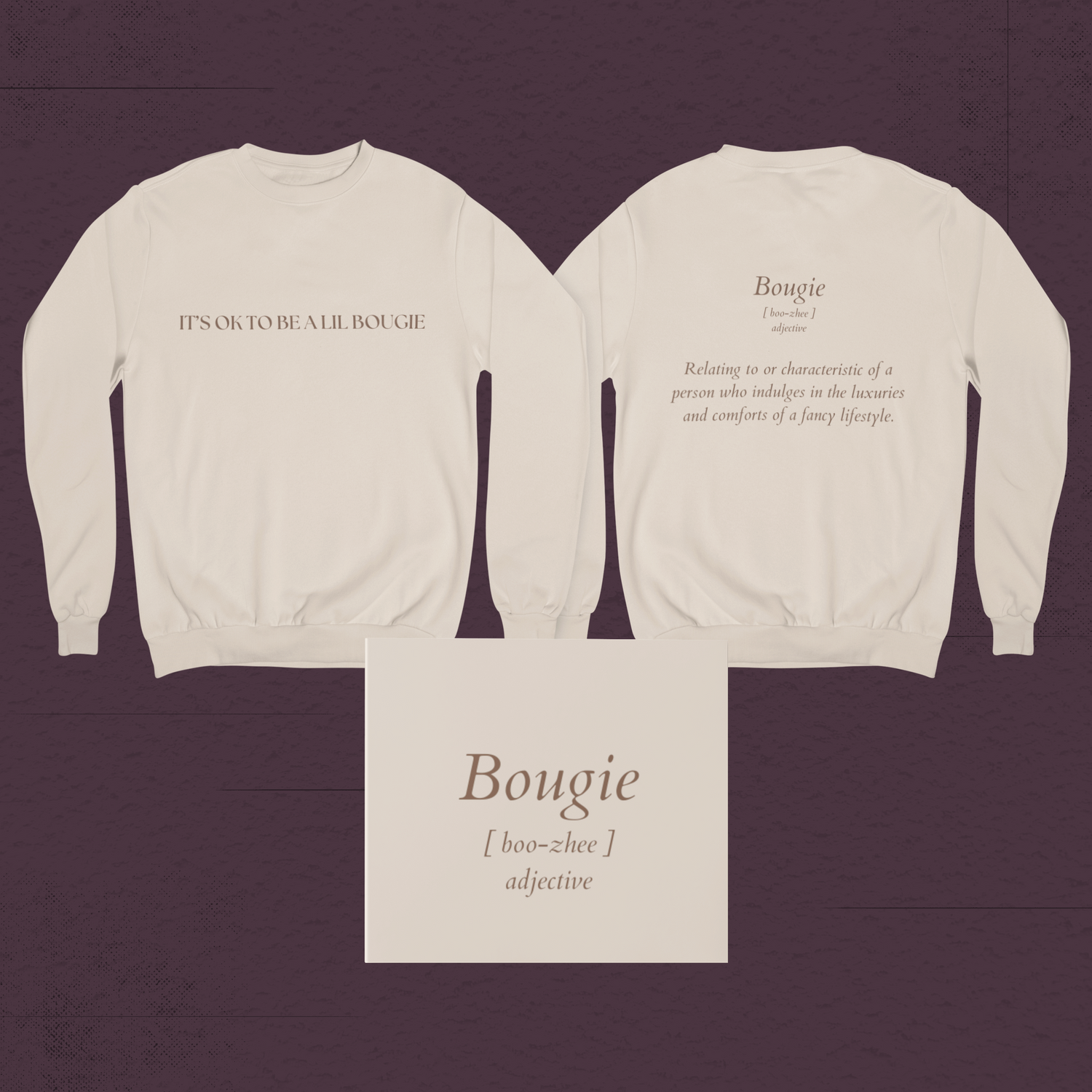Flatlay of cream Bougie crewneck sweatshirt showing both front and back views with product card.