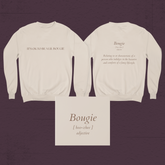 Flatlay of cream Bougie crewneck sweatshirt showing both front and back views with product card.