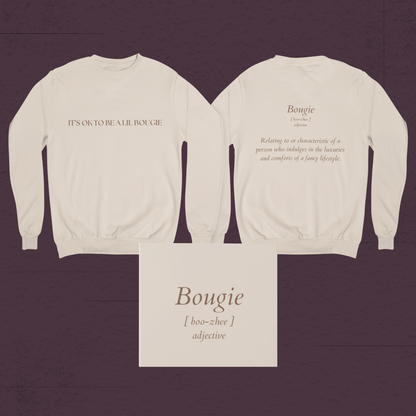 Flatlay of cream Bougie crewneck sweatshirt showing both front and back views with product card.