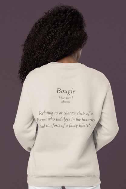 Back view of beige Bougie crewneck sweatshirt with printed quote text in minimalist luxury style.